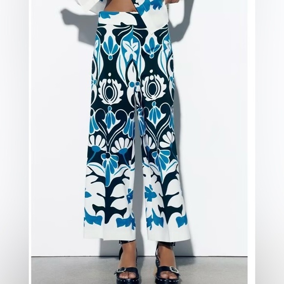 Zara Pants - Zara Blue, White and Black High Waisted, Wide Leg Culottes